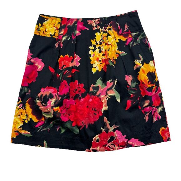 Grace Elements A-Line Skirt 8P Black Floral Cotton Pleated Pockets Zip Back - Picture 1 of 8